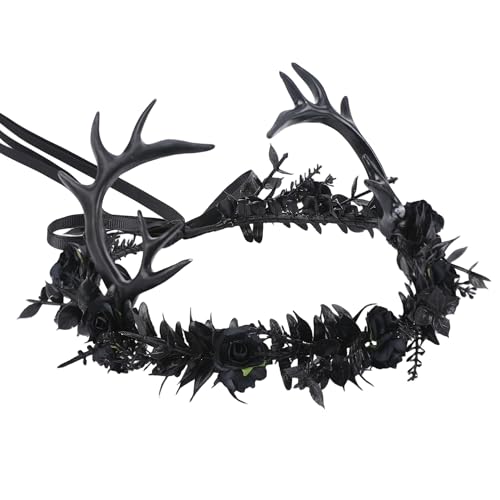 KorViSHOW Black Antler Flower Crown Fairy Dark Elf Deer Horns Flower Headband Renaissance Gothic Forest Reindeer Floral Headpiece for Women Renfaire Outfit Hallween Cosplay Goth Wedding Accessories