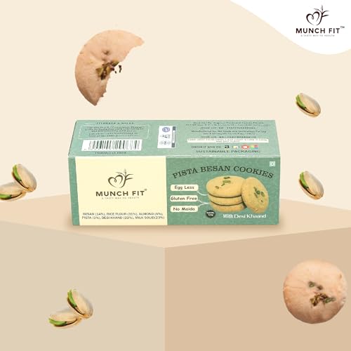 Image of Munch Fit Pista Besan Cookies, Crunchy & Tasty Egg Less Cookies 125gm Pack of 3 | Gluten Free, No Maida, Sugar-Free | Almond & Pistachio Healthy snacks | High Fiber Protein & Iron-Rich