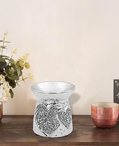 Silver Sparkle Crushed Diamond Fragrance Oil Burner Wax Warmer - Home Decor Accessories, Unique Design Ceramic Diamante Crystal Ornament (Heart Shape Wax Burner)
