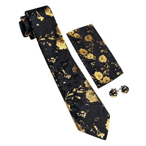 Image of Barry.Wang Flower Ties for Men Silk Woven Floral Tie Sets Necktie Handkerchief Cufflinks Wedding Party