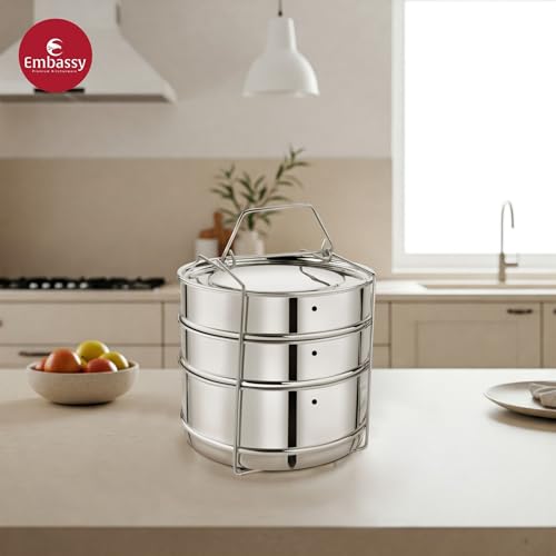Image of Embassy Stainless Steel Cooker Separator | Suitable for 10 litres Pigeon Outer Lid Pressure Cookers | 3 Containers with Lifter | Dimension - 15x15x21 cm