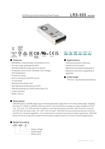 Bloc LRS-600-12 avec tension constante 12V pour un éclairage LED fluide