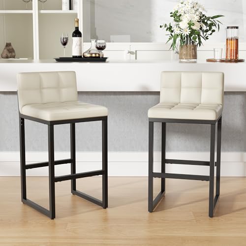 Image of 24 inch Bar Stools Set of 2, Modern Faux Leather Counter Height Bar Stools with Low Back and Footrest, Sturdy Thickened Metal Leg, Upholstered Kitchen Bar Chairs for Island, Beige