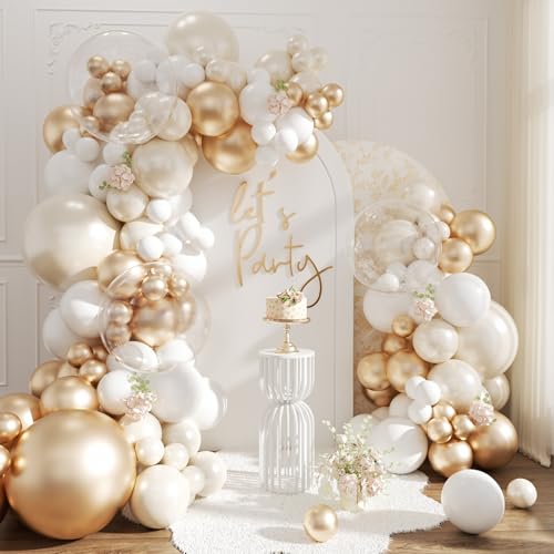 NUTTYBASH White and Gold Balloon Arch Kit Double Stuffed Metallic Champagne Gold and White Balloon Garland Kit for Wedding Birthday Baby Shower Gender Reveal Bridal Decorations