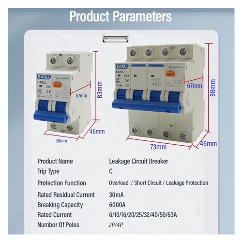 Protecteur de fuite AC230V et disjoncteur différentiel triphasé 4P 63A 30mA pour tableau - 3
