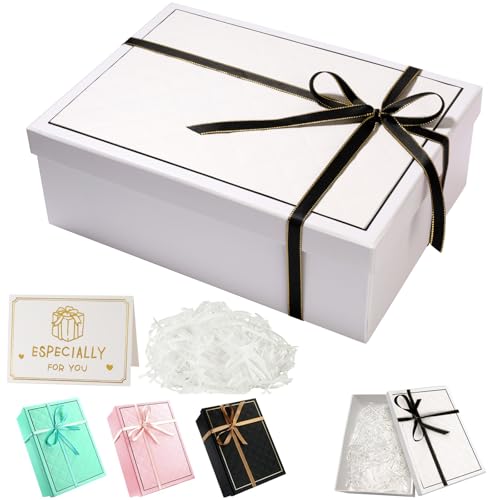 Caja Regalo, 25 x 18 x 8.5 CM Caja para Regalo Rectangulares, Plegable Cajas de Regalo con Tapa, Cajas Regalo Carton con Lazo Carda Rafia, para Boda Cumpleaños Navidad Valentín (Blanco)