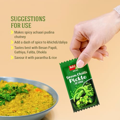 Image of Add Me Spicy hot Green Chilli Pickle achar 12gm sachet pouch chotu traveller pack (Pack of 48) 576 gm