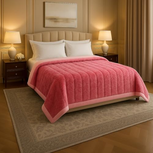Image of Signature 3-Ply Faux Rabbit Fur Blanket King Size | Ultra Soft Heavy Weight Quilt-Feel Blanket | 6kg Luxury Winter Comforter for Bed Ideal for Heavy Winters (Rose Whisper)