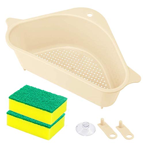 KECRULV Fregadero de Cocina Cesta de Esquina, Triangular Estante De Drenaje De Fregadero Multifuncional Estante de Almacenamiento para Cocina y Baño, con 2 Piezas Esponjas de Limpieza Cocina