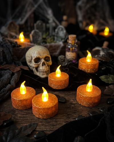 Image of Orange Glitter Tea Lights with Timer,12 Pack | Built-in 6 Hours Timing,Halloween Sparkly Tealights, for Thanksgiving,Wedding Decorations