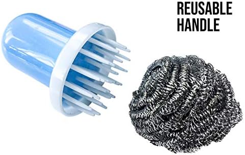 Saplax Eazi-Grip Stainless Steel Wire Scourers [Pack of 6] Pots, Pans, Barbecue Grills, Oven & Cooker Scouring Cleaning Sponge Pad with Resuable Handle (Blue)