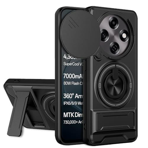 Image of AESTMO Oppo F31 Pro 5G Back Cover | Armor Camera Slider 360 Degree Rotating Finger Ring Holder Case with Bracket Stand Back Case Cover for Oppo F31 Pro 5G (Compatible with MagSafe Accessories) (Black)