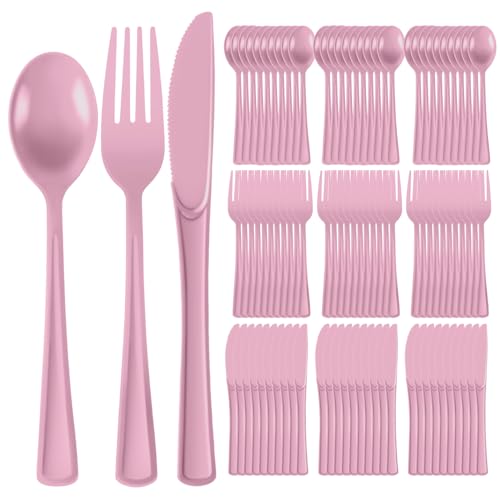 Plastic Silverware 150 PCS Disposable Silverware Heavy Duty Utensil Sets 50 Of Each Forks Knives & Spoons Disposable Cutlery Set For Easter Birthday Baby Shower Garden Party Wedding(150 Pink)