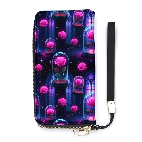 Fashion Long Wallet with Hand Strap, Adult Smooth Clutch Wallets for Women Men Daily Use, Wear Resistant and Reusable, Magical Pink Rose