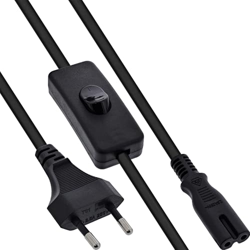 Inline Câble d'alimentation Euro avec Interrupteur, fiche CEE 7/16 vers IEC-C7, 2 Broches, câble d'alimentation pour appareils AV, Noir, 3 m, 16153