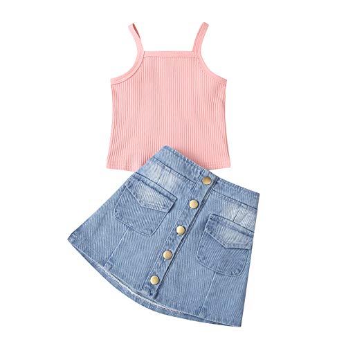 Toddler Baby Girl Jean Skirt Outfits Knit Sleeveless Tank Tops Denim Button Skirts Summer Clothes Set (Ribbed Tank+Jean Skirt- Pink,3-4T)