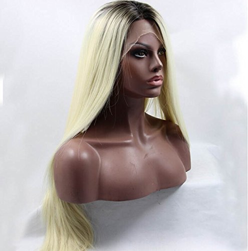 Peluca de aspecto natural 4T 613 rubio Ombre sedosa y recta con raíces oscuras sin pegamento, pelo de fibra resistente al calor