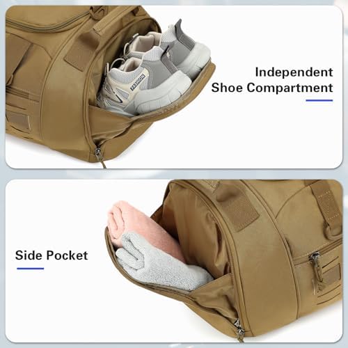 TONRUYN Tactical Gym Bag for Men 45L Military Sport Duffle Bag with Shoe & Laptop Compartment Travel Duffel Bag for Women Weekender Overnight Bags for Fitness Workout Basketball Football, Brown - 4
