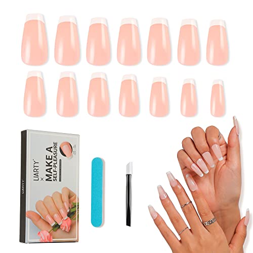 LIARTY 140 Pièces Faux Ongles Français Naturel Longue Couverture Complète En Acrylique Ballerine Faux Ongles French Fake Nails Tips Avec Autocollants De Colle pour Femmes Filles Cover
