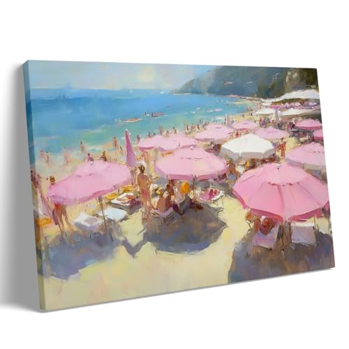 Vintage Beach Print Posters Abstract Coastal Painting Pink Umbrella Summer
