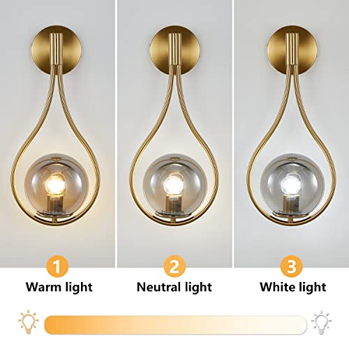 Image of KCO Lighting Brushed Brass Gold Smoke Glass Teardrop Wall Sconce Hardwired | E26 Bulb Included, Indoor Bathroom Vanity Light Mid Century Modern Wall Light for Bedroom Bedside Kitchen Hallway Stairway
