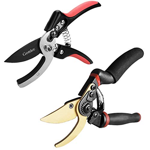 Gonicc 8" Professional SK-5 Steel Blade Anvil Pruning Shears(GPPS-1010) and Rotating Bypass Titanium Coated Pruning Shears(GPPS-1014), Cushion and shock absorber design, Ergonomically Design Handle.