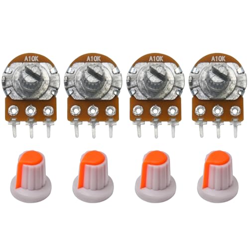 Image of Electronic Spices 10k 3 Pin 14mm Long Round Shaft Rotary Potentiometer Volume Pot 10K with Knob for Multiple Applications (Pack of 4)