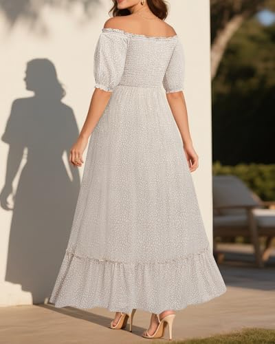 Image of Plus Size Summer Dresses Sun - Maxi Boho Casual Off Shoulder Floral Lace Long Dress with Pockets