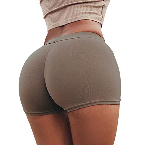 SHOBDW Pantalones de Verano Mujeres Shorts Deportivos Gimnasio de Moda Workout Waistband Skinny Yoga Short Pants (L, Café)