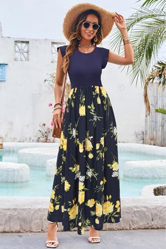 Image of OUGES Women's Maternity Dress Summer Ruffle Sleeve Patchwork Casual Flowy Maxi Dresses with Pockets