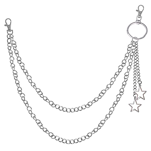 Yijunmca Cadena bolsillo para hombre y mujer estilo punk con borla estrella roca cadena 2 capas tipo cartera niños y niñas llavero largo con cierres langosta para pantalones vaqueros falda, plateado