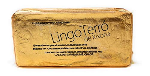 Turrón Artesano de Jijona 74% almendra marcona NACIONAL - Edición Gourmet en papel Oro 500 gramos. LingoTerró