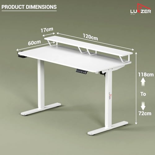 Image of Lukzer Electric Height Adjustable Desk with Monitor Riser USB & Type-C Work from Home Ergonomic Sit-Stand Table with Advanced Memory Preset 1200 x 600 Top - 1 Year Warranty (EST-004 /White & White)