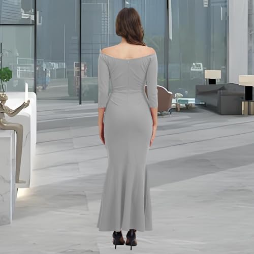 Image of Women's Elegant Formal Mermaid Maxi Dress Off Shoulder Long Sleeve Wedding Split Evening Gown Prom Cocktail Party Dresses