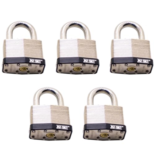 Image of NUSET 40mm 1-1 /2 inch Laminated Hardened Shackle Padlock-Pin Tumbler Double Locking with Rubber Bumper, Keyed Alike, Pack of 5