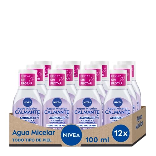 NIVEA Agua Micelar Calmante Mini - Desmaquillante Facial - Con Dexpantenol - Desmaquillador Ojos, Rostro y Labios - Limpia Sin Frotar - Hidrata - Calmante - Todo Tipo de Piel - Pack de 12 x 100 ml