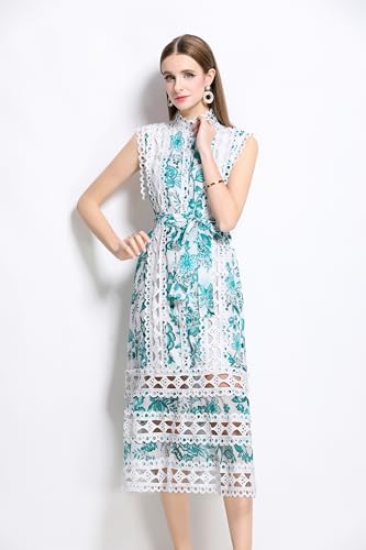 Image of LAI MENG FIVE CATS Women's Sleeveless Hollow Out Lace Button Up Casual Midi Party Dress with Belt