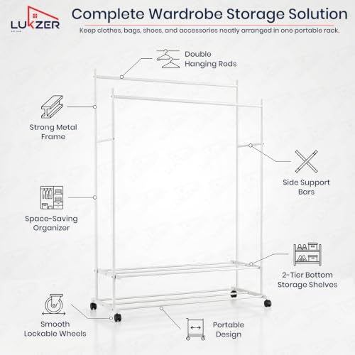 Image of Lukzer Double Rod Metal Garment Stand with Wheels & 2-Tier Storage Organiser Shelves, Portable Clothes Rack and Coat Hanger With Shoe Rack for Bedroom, Entryway & Boutique (White /109 x 48 x 158 cm)