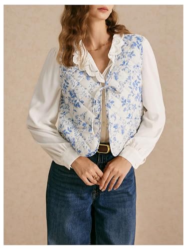 MakeMeChic Women's Floral Tie Front Puffer Vest Sleeveless V Neck Lightweight Quilted Jacket Outerwear3