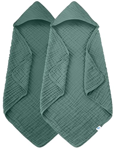 Image of SWEET DOLPHIN Muslin Hooded Baby Bath Towels - 2 Pack 100% Cotton Towel for Babies, Infants, Toddlers - 32x32Inch - Highly Absorbent and Newborn Essential, Deep Emerald