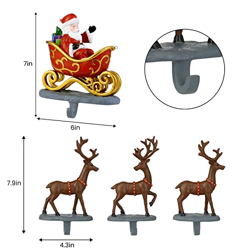 Wbhome Christmas Stocking Holder Set Of 4, Reindeer & Red Santa's Sleigh Pattern Hanger For Fireplace Mantel Or Shelf, Adjustable Multi-Use Stocking Hooks For Christmas Party Decorations #TOP1