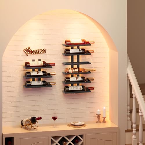 Image of Hoctieon 2-Set 6 Tier Wall Mount Wine Rack (12 Tiers), Wall Racks for Wine Bottles Display and Storage, Hanging Bottle Organizer for Living Room, Dining Room, Wine Cellar, Bar, Black