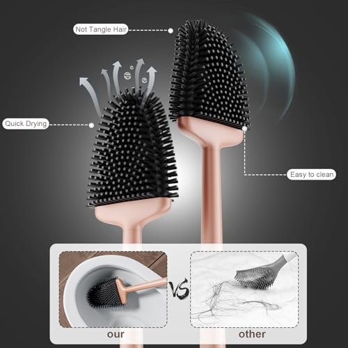 Image of Sellemer Silicone Toilet Brush, Ventilation Slots Holder 1 Pack, Rose Gold | Flexible Bristles Flat Head for Rim, Hair Tangle-Free, Easy to Clean, Compact Design, Rustproof Handle, for Toilet /Sink /Tub