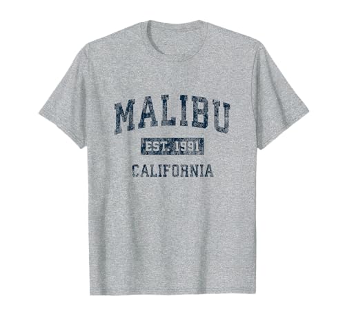 Malibu California CA Diseño deportivo vintage estampado azul marino Camiseta