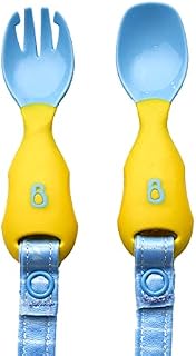 BIBaDO - Handi Toddler Cutlery Set, Food Safe Baby Cutlery, Toddler Fork and Spoon Set, Toddler Eating Utensils for Babies 6 Months and Up, Also Attaches to BIBaDO Coverall Bib - Ducklings Pool Party