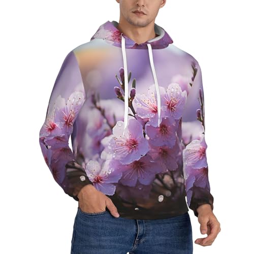 Men's Fleece Pullover Hoodie Long Sleeve Hooded Cherry Blossom Sweatshirt Casual Shirts With Pockets