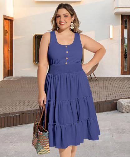 Image of RITERA Plus Size Summer Casual Dresses for Women Sleeveless Button Down Empire Waist Ruffle Tiered Swing Midi Dress XL-5XL