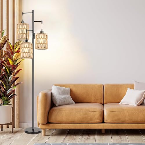 Image of ZECOXOL Boho Floor Lamp for Living Room Bedroom-3 Light Dimmable Floor Lamp with Three Led Bulb, Rustic Tall Lamp Black Standing Lamp Tree Floor Lamps for Living Room Bedroom,Office,Corner