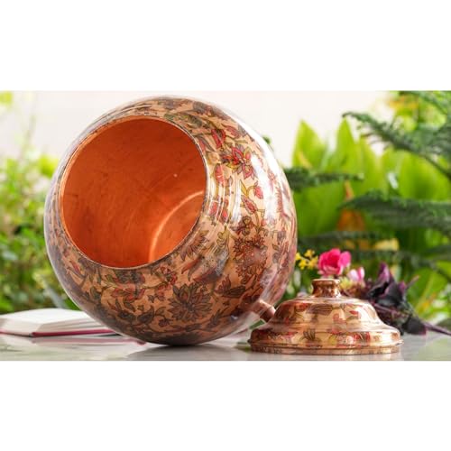 Image of Indian Art Villa Printed Flower & Leaf Design Copper Water Dispenser Pot Matka, Storage, Home Kitchen Garden, 13 LTR