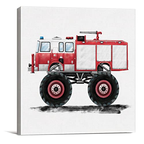 Lameila Fire Engine Monster Truck Artwork Sign Wall Art Prints Watercolor Monster Truck Fire Truck Canvas Painting Vehicles Nursery Print Home Boys Bedroom Playroom Decor 8" X 8" #TOP23